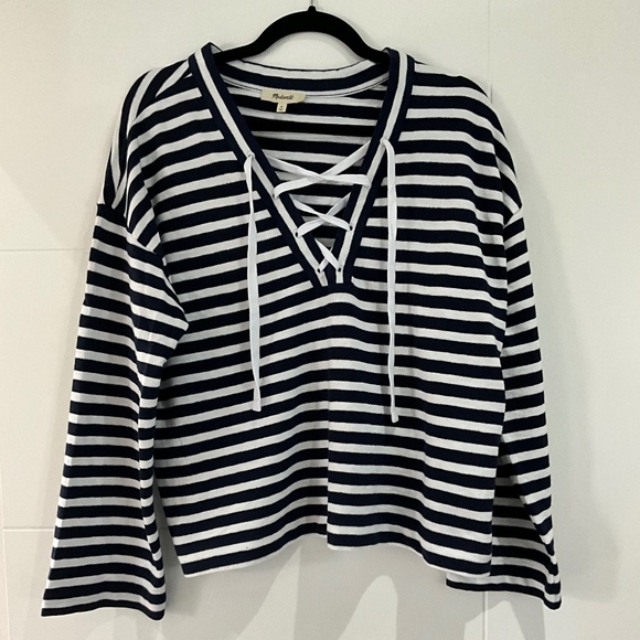 Madewell Lace Up Long sleeve T in stripes -size Medium. - Picture 2 of 3